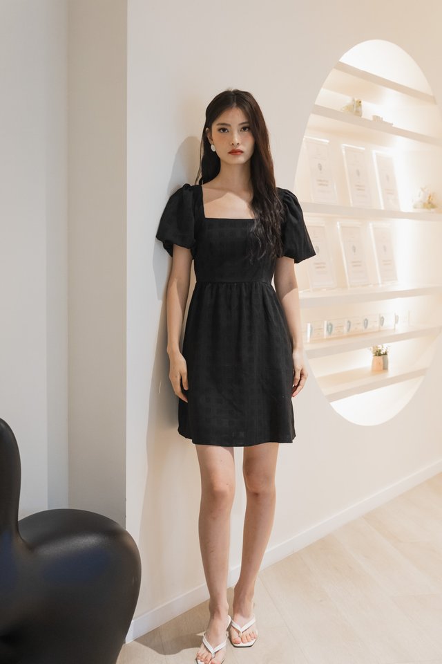 Tika Textured Square Neck Dress In Black