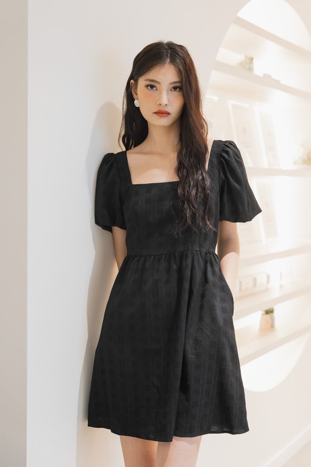 Tika Textured Square Neck Dress In Black
