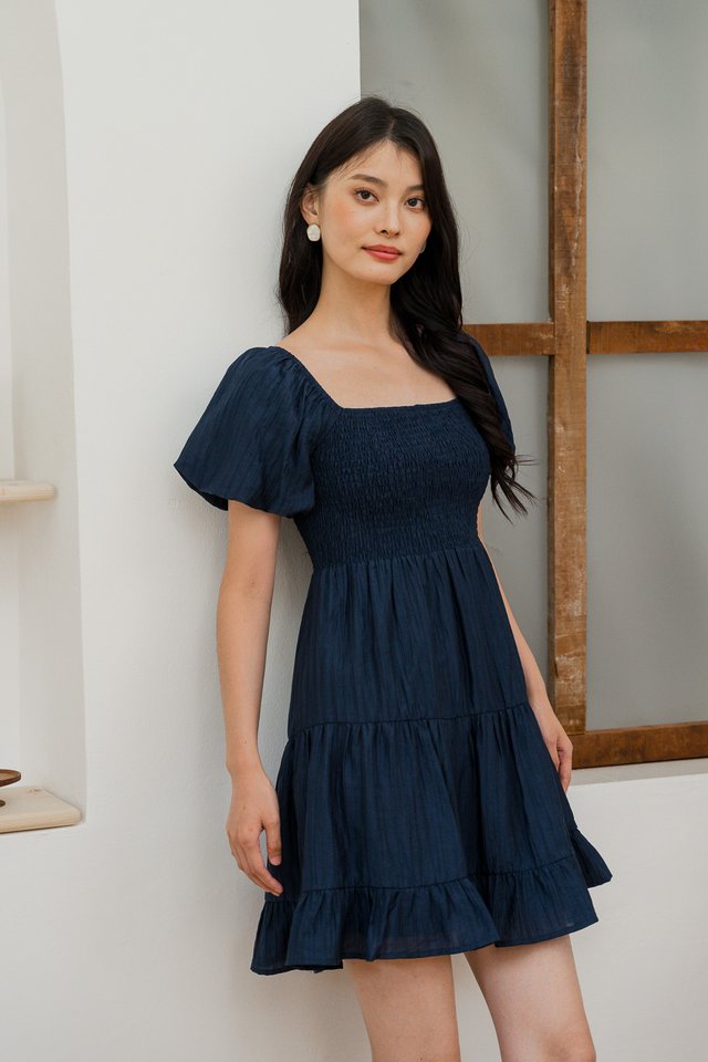 Shay Textured Smocked Dress In Navy