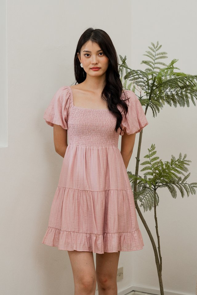 Shay Textured Smocked Dress In Pink