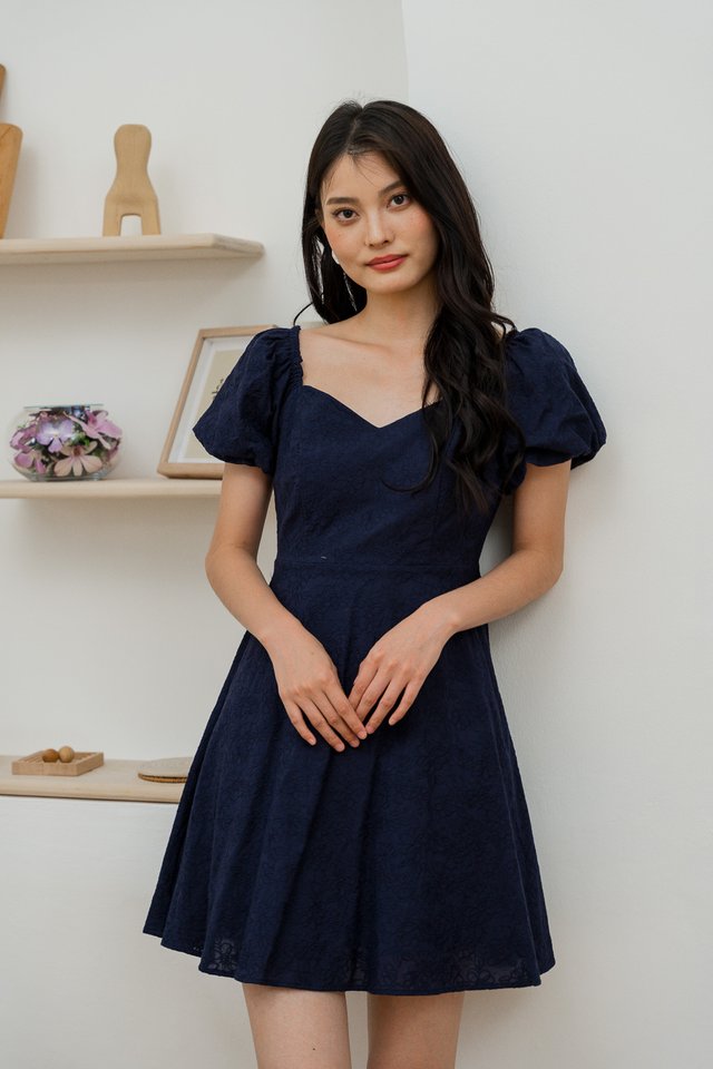 Dazzle Floral Embroidery Puff Sleeve Dress In Navy