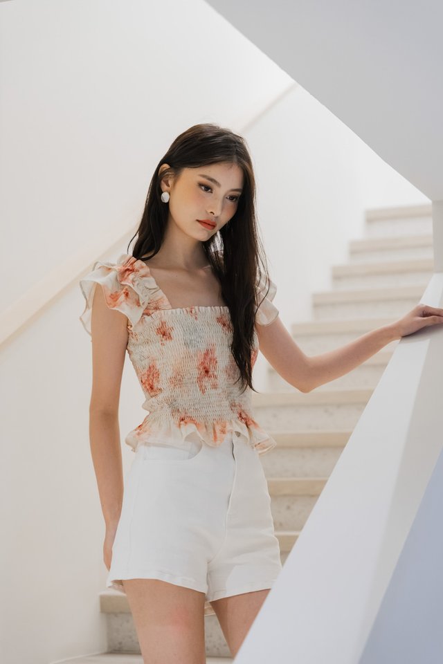 Ramona Ruffle Sleeve Smocked Top In Cream