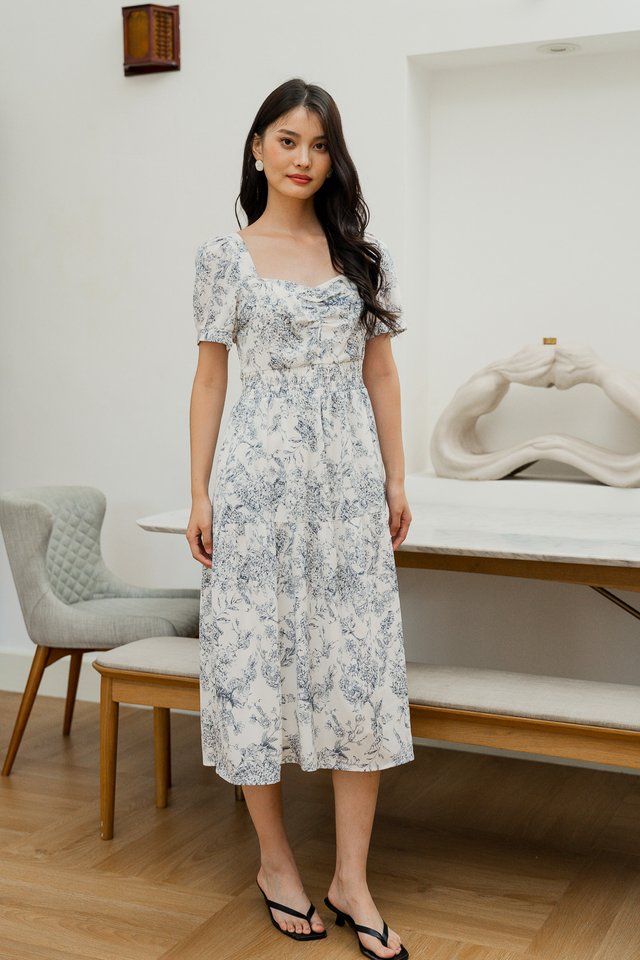 Emerie Porcelain Smocked Waist Midi Dress In Black