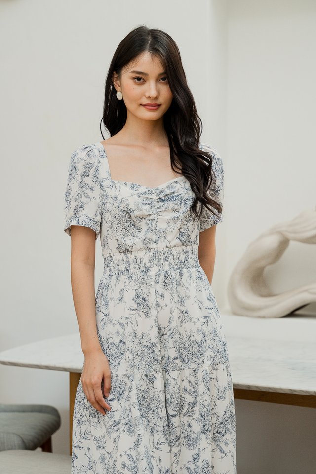 Emerie Porcelain Smocked Waist Midi Dress In Black