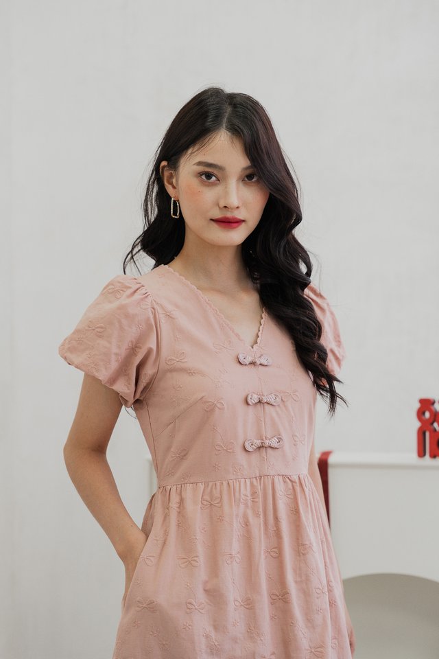 Rosa Ribbon Cheongsam Midi Dress In Dusty Pink