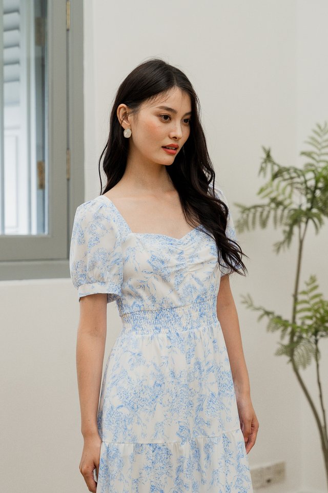 Emerie Porcelain Smocked Waist Midi Dress In Blue