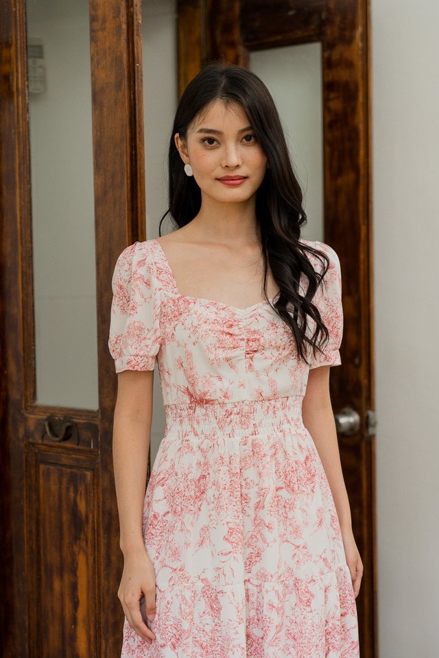 Emerie Porcelain Smocked Waist Midi Dress In Red