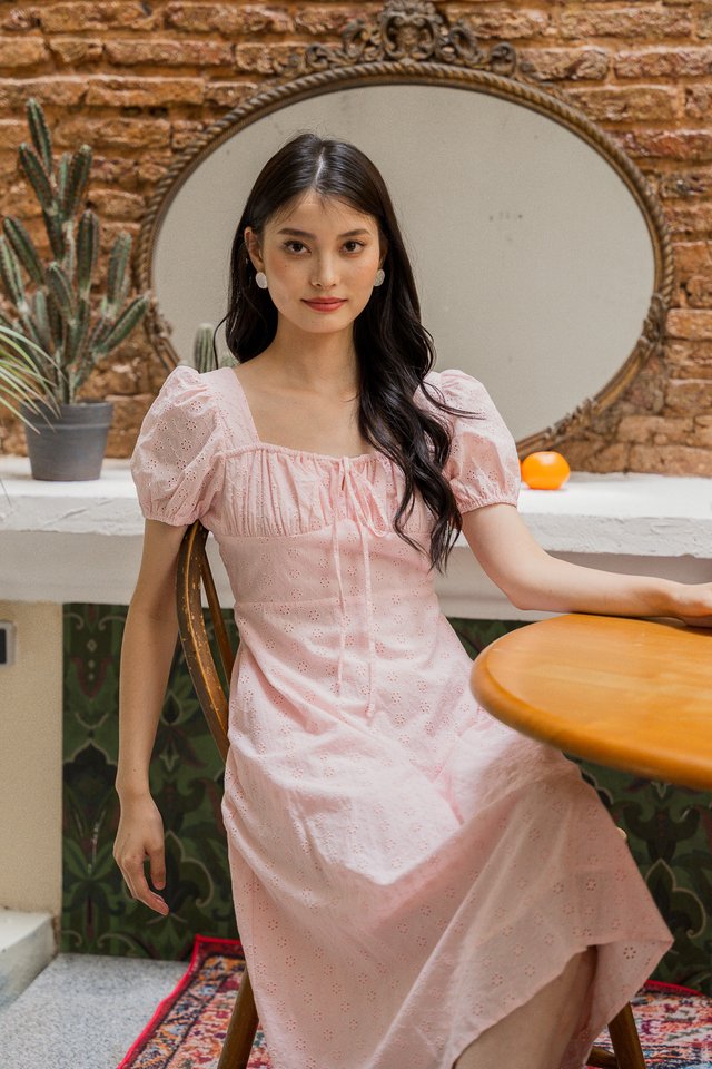 Endria Eyelet Ruched Midi Dress In Pink