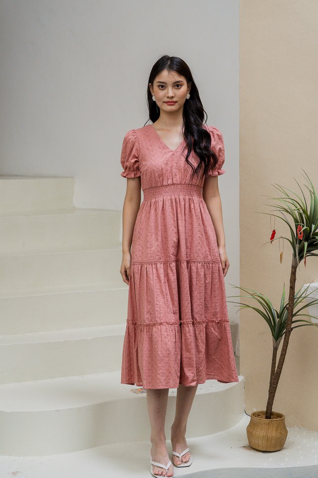 Envi Eyelet Tiered Midi Dress In Rose