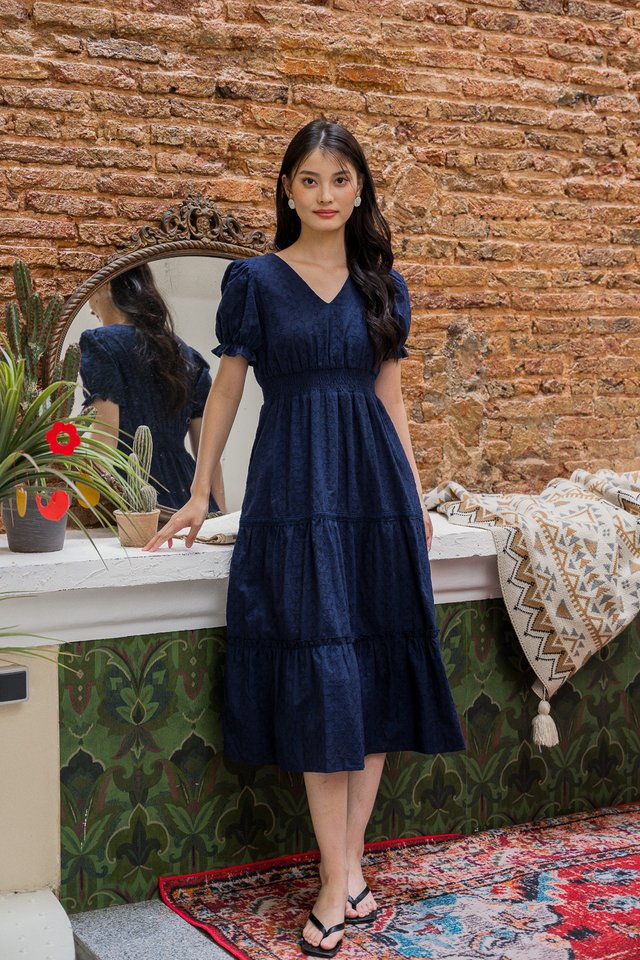 Envi Eyelet Tiered Midi Dress In Navy