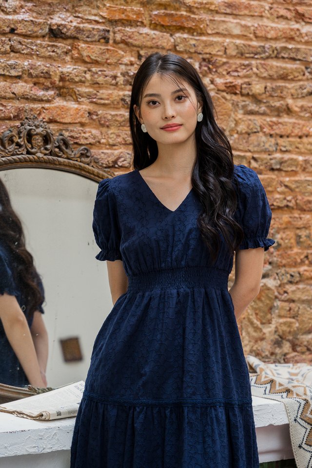 Envi Eyelet Tiered Midi Dress In Navy