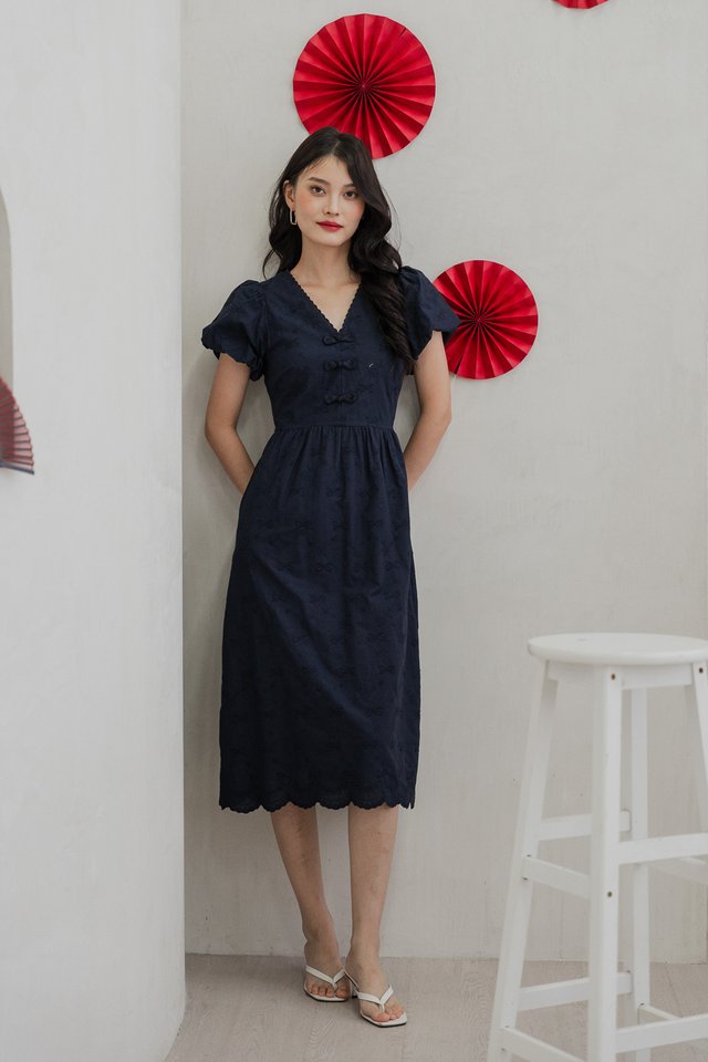 Rosa Ribbon Cheongsam Midi Dress In Navy