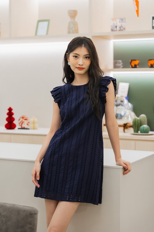 Ruth Eyelet Ruffles Sleeve Dress In Navy