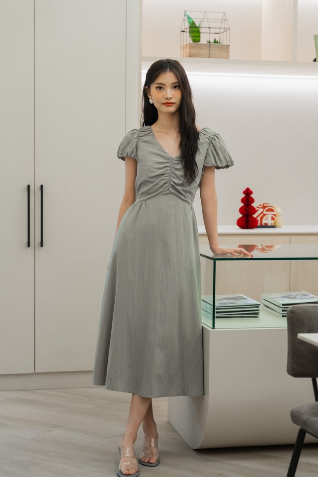 Tabitha Empire Waist Midi Dress In Olive Grey