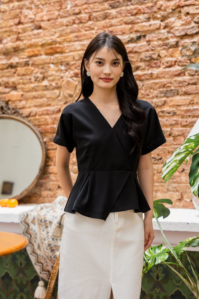 Fion Faux Wrap Top In Black