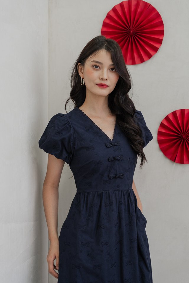 Rosa Ribbon Cheongsam Midi Dress In Navy