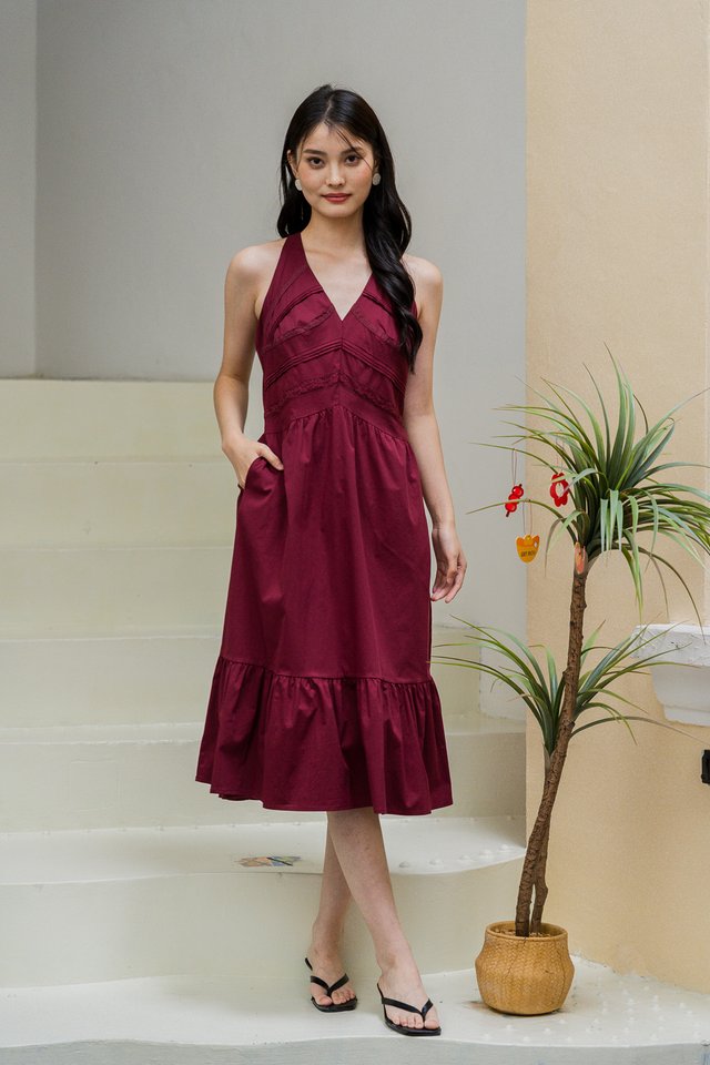 Harlow Halter V-neck Midi Dress In Wine