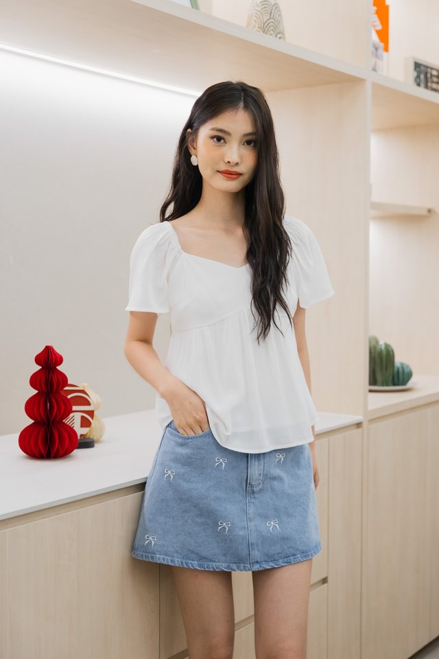Basil Textured Flare Sleeve Top In White