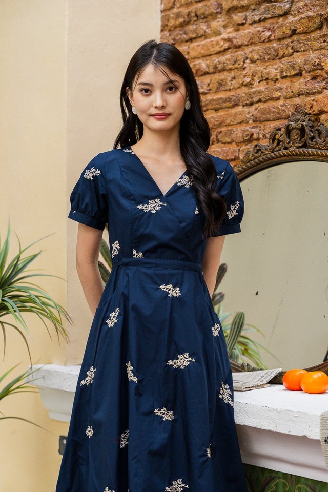 Fauna Embroidered Faux Wrap Midi Dress In Navy