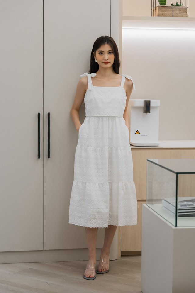 Spenser Eyelet Tiered Midi Dress In White