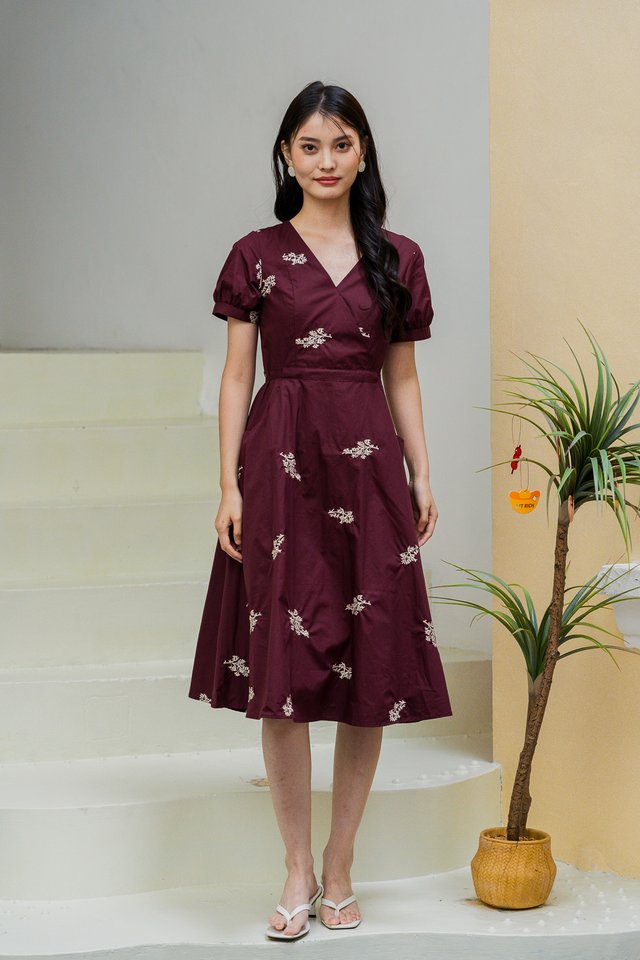 Fauna Embroidered Faux Wrap Midi Dress In Wine