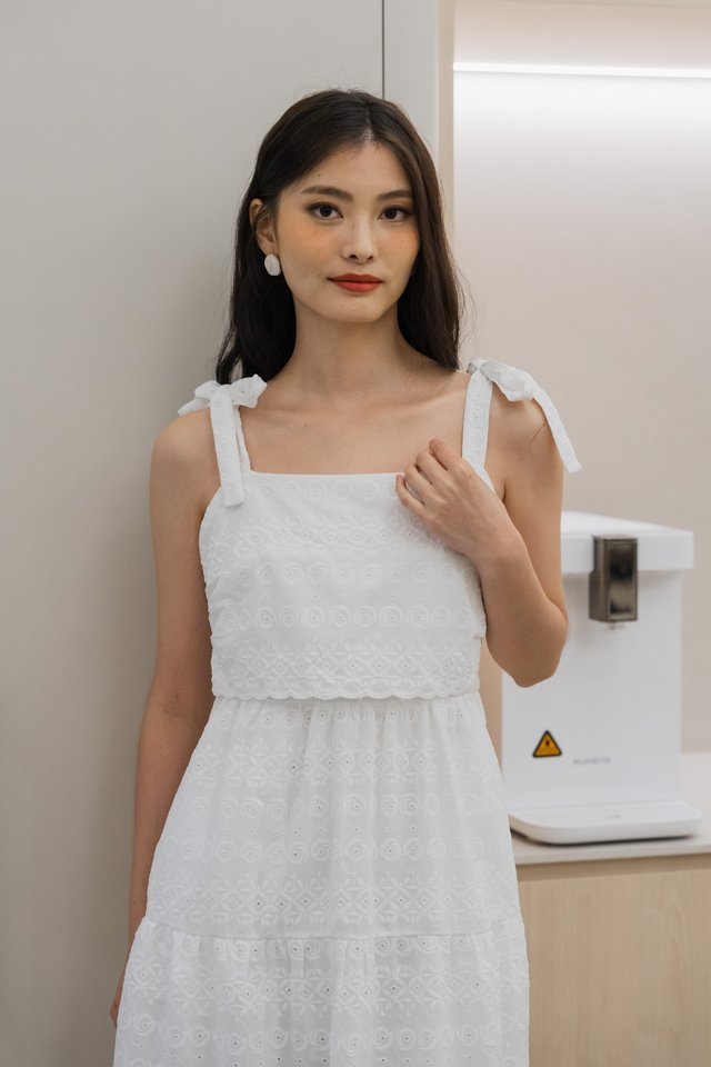Spenser Eyelet Tiered Midi Dress In White