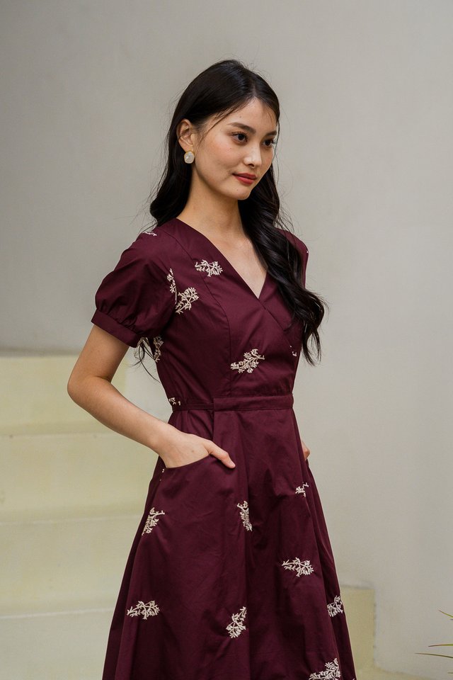 Fauna Embroidered Faux Wrap Midi Dress In Wine