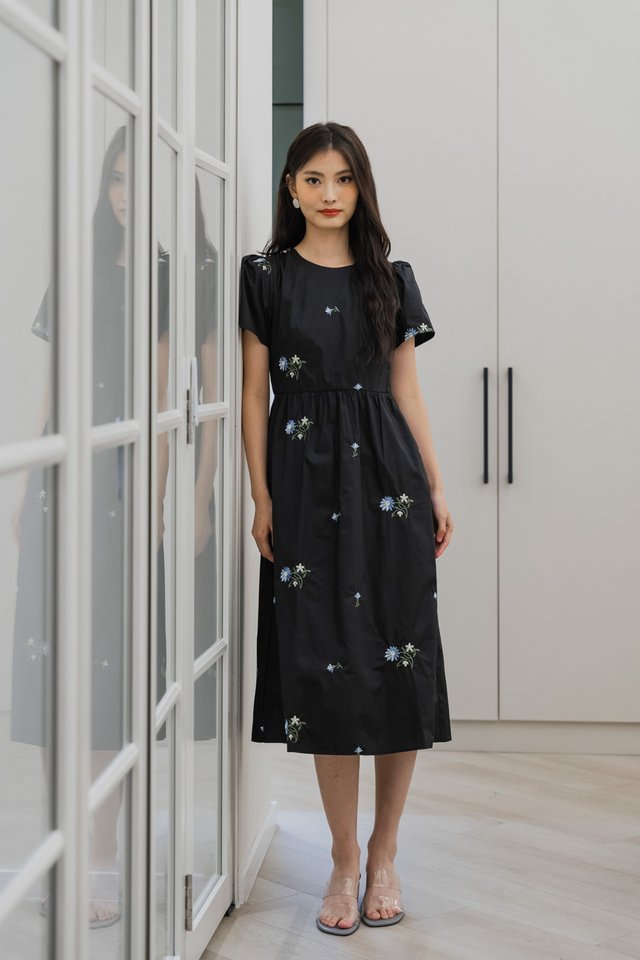 Melanie Floral Embroidery Midi Dress In Black