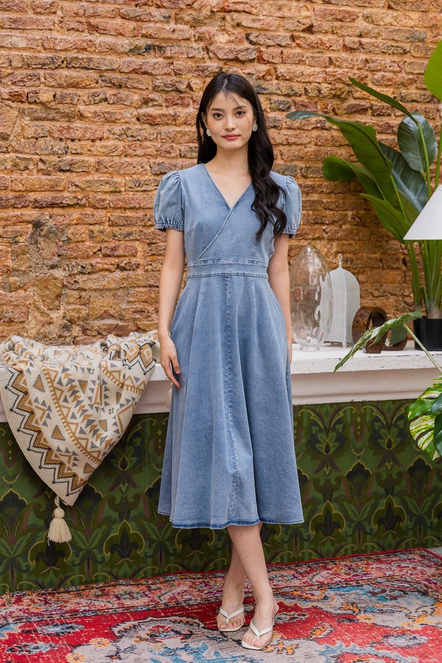 Fond Denim Faux Wrap Maxi Dress