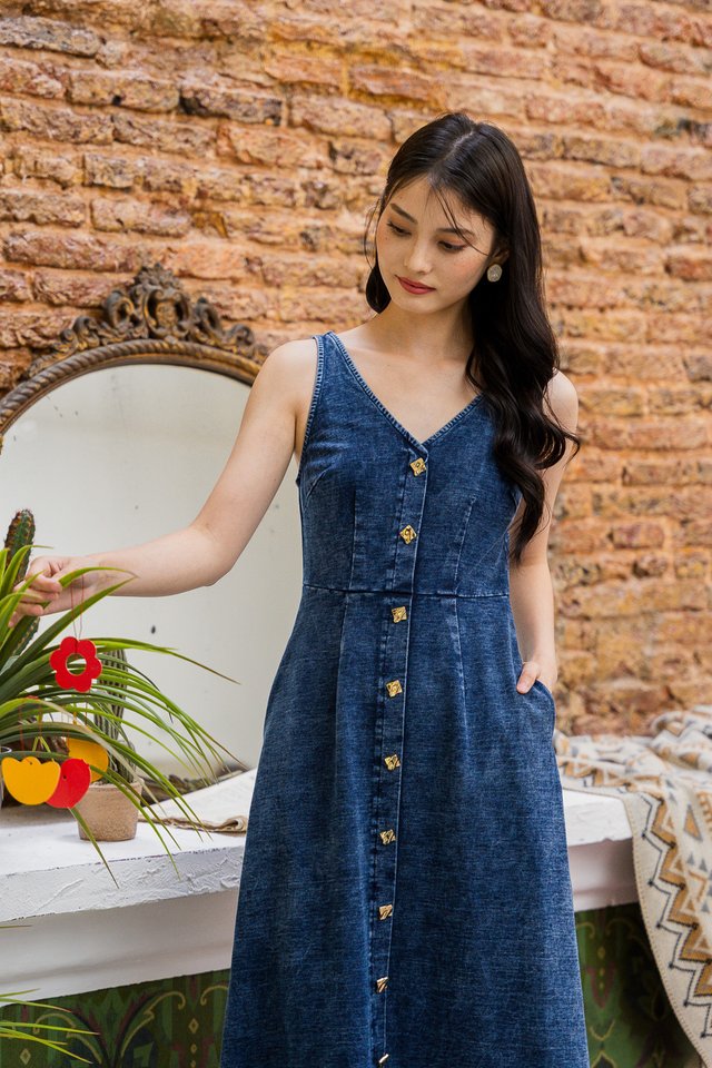 Gleam Denim Gold Button Midi Dress