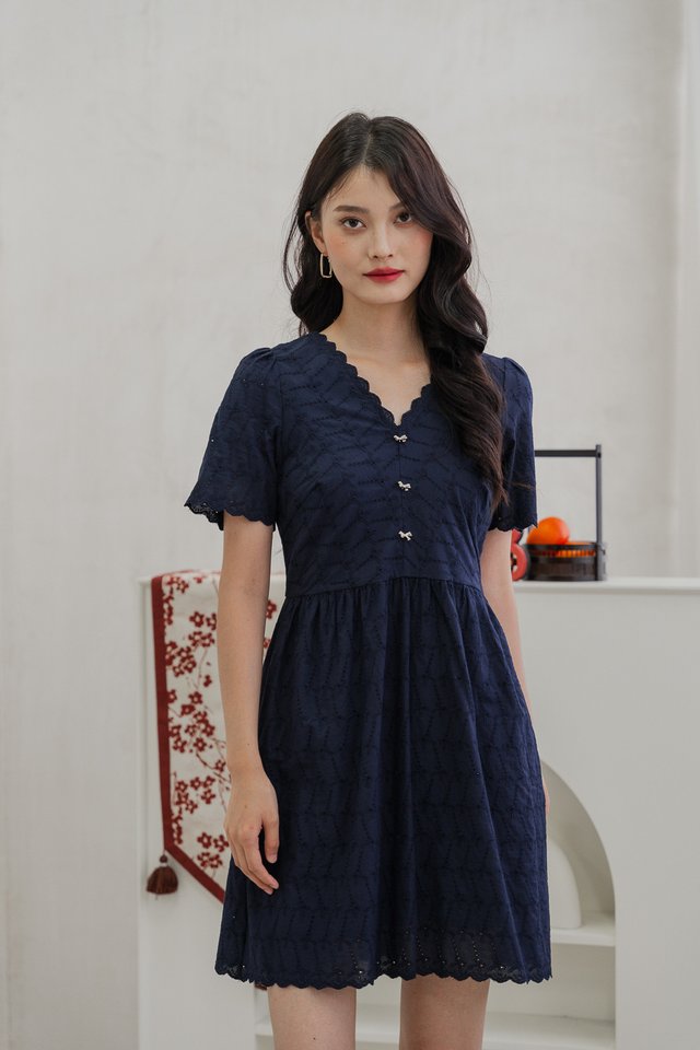 Elaine Ribbon Button Eyelet Dress In Navy