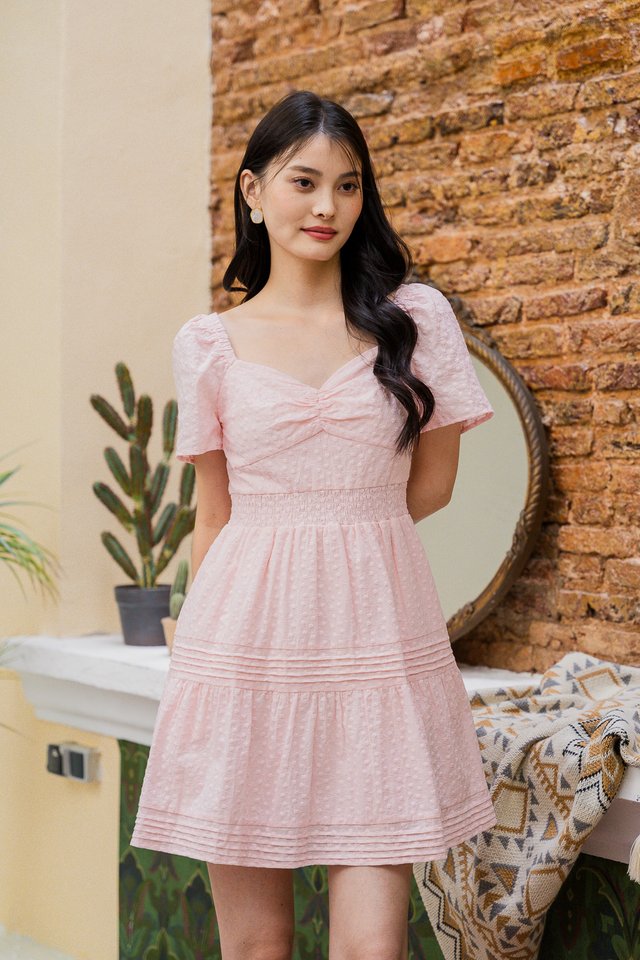 Winfrey Embroidered Smocked Waist Dress In Pink
