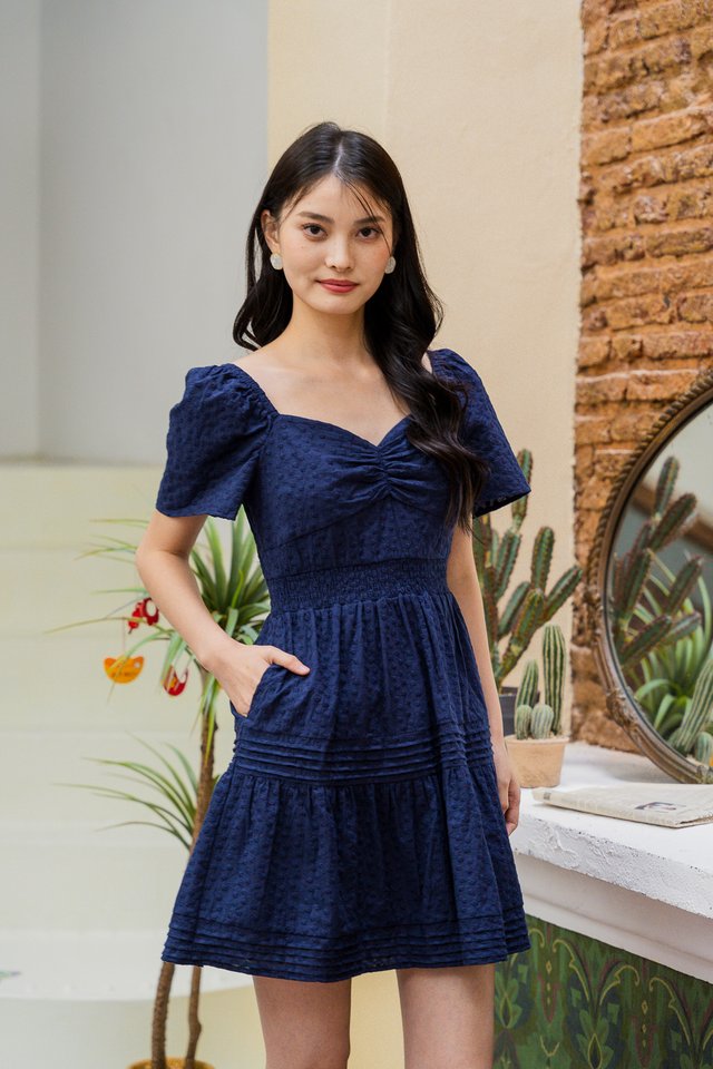 Winfrey Embroidered Smocked Waist Dress In Navy