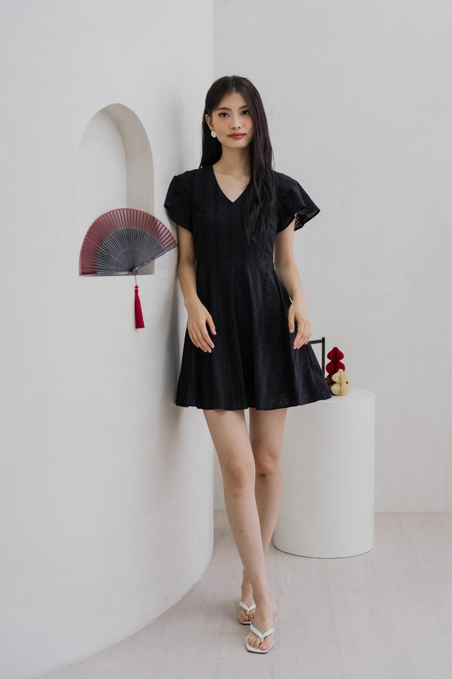 Vita Eyelet V-Neck Dress In Black