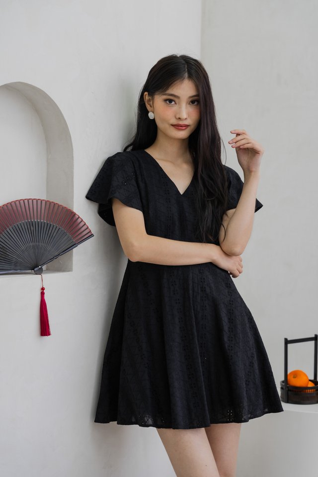 Vita Eyelet V-Neck Dress In Black
