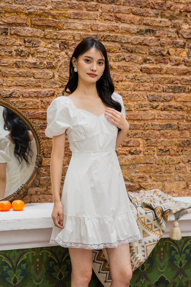Leighton Empire Waist Lace Hem Dress In White