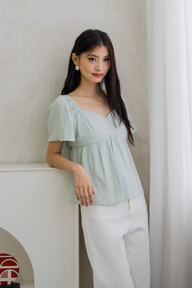 Basil Textured Flare Sleeve Top In Sage