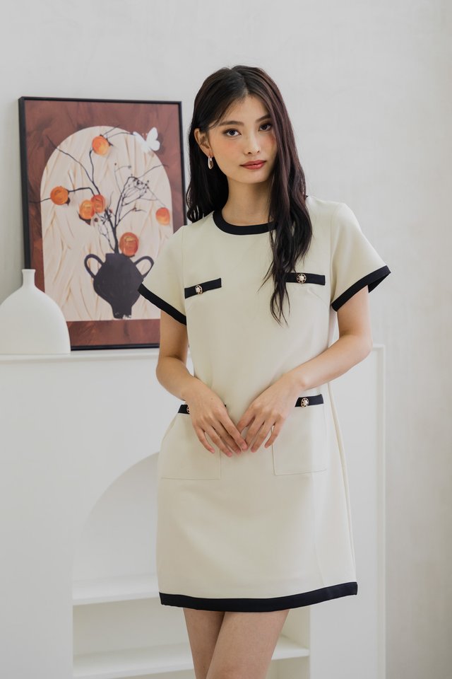 Prida Pearl Button Contrast Dress In Cream