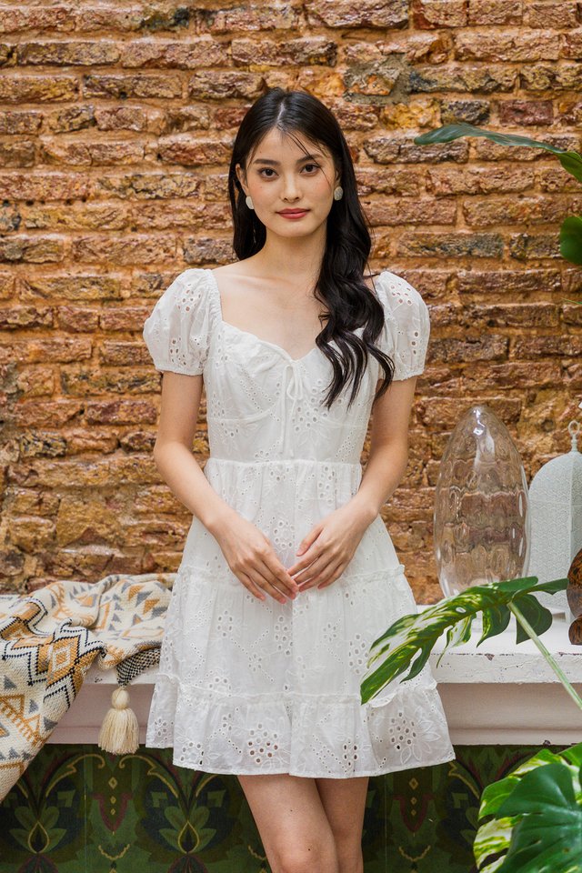 Pepper Ribbonette Puff Sleeve Tiered Dress In White