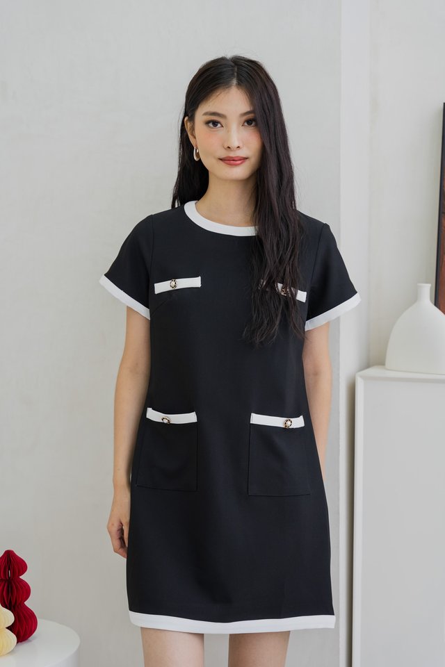 Prida Pearl Button Contrast Dress In Black