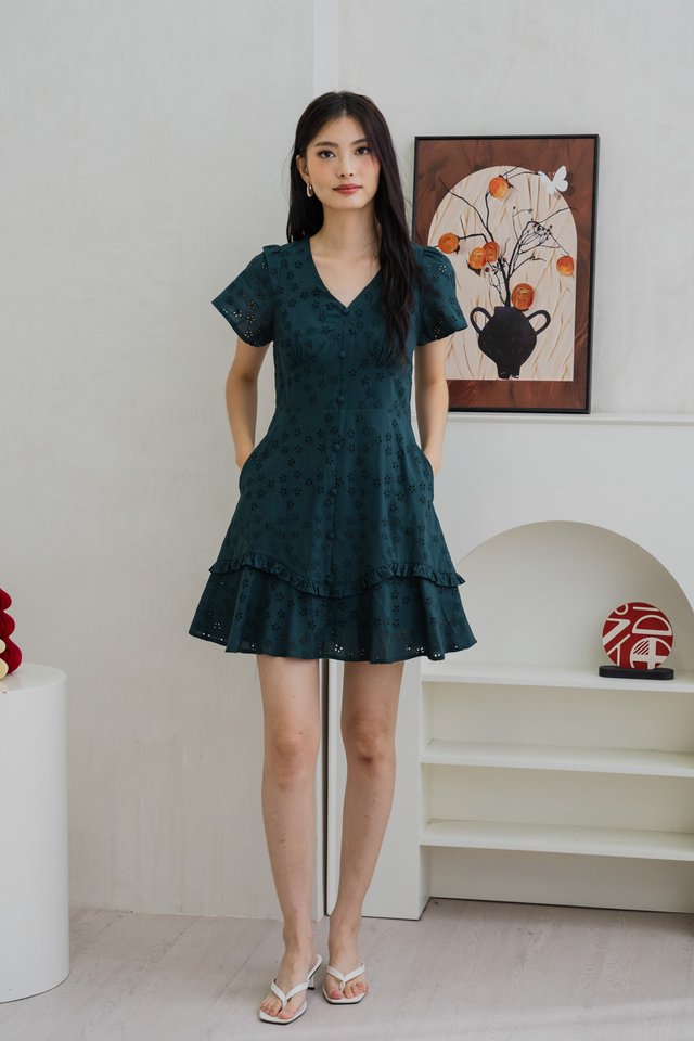 Willa Eyelet Empire Waist Dress In Forest