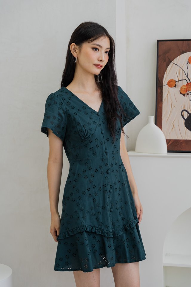 Willa Eyelet Empire Waist Dress In Forest