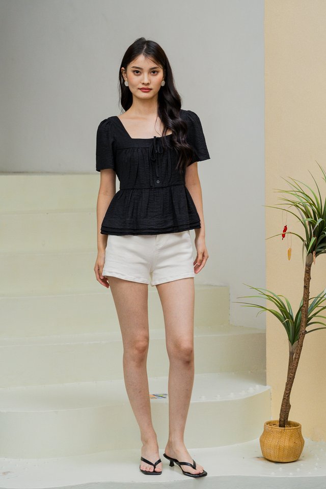 Tatum Textured Ribbonette Square Neck Top In Black