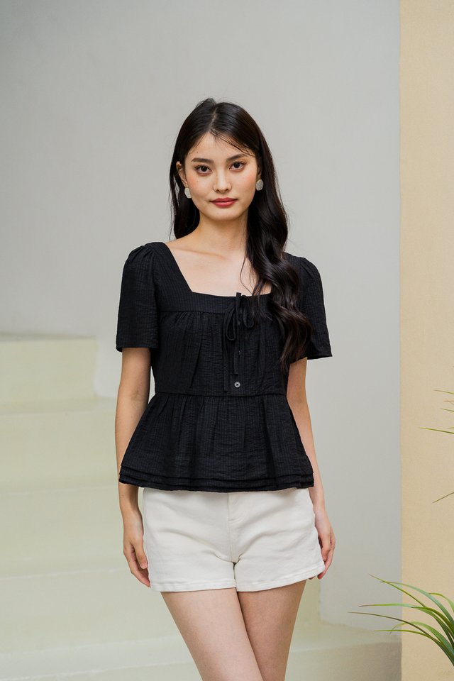 Tatum Textured Ribbonette Square Neck Top In Black