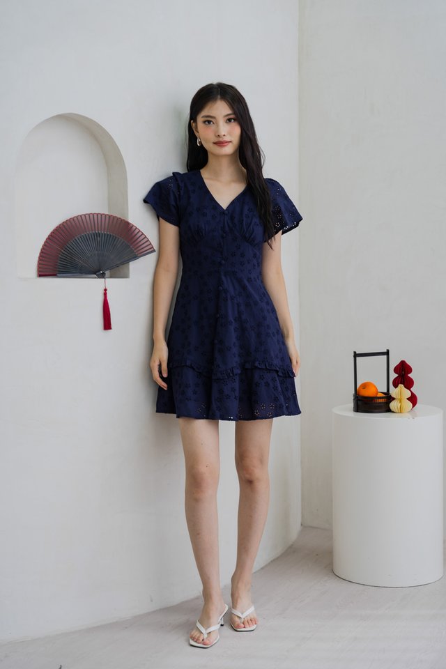 Willa Eyelet Empire Waist Dress In Navy