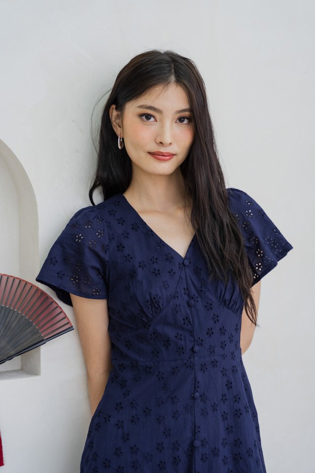 Willa Eyelet Empire Waist Dress In Navy