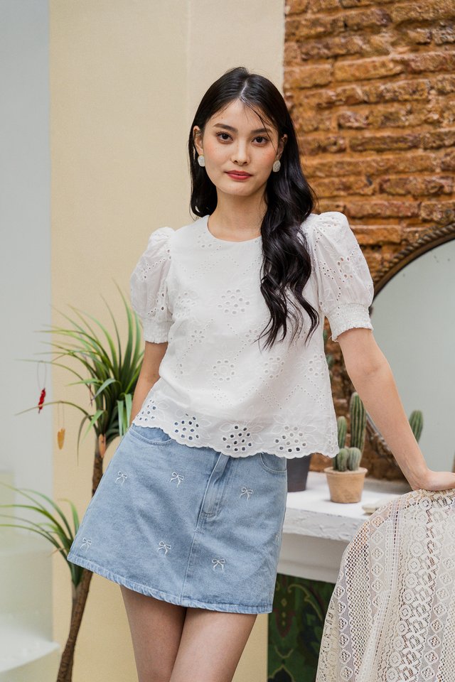 Sabina Eyelet Smocked Sleeve Top In White