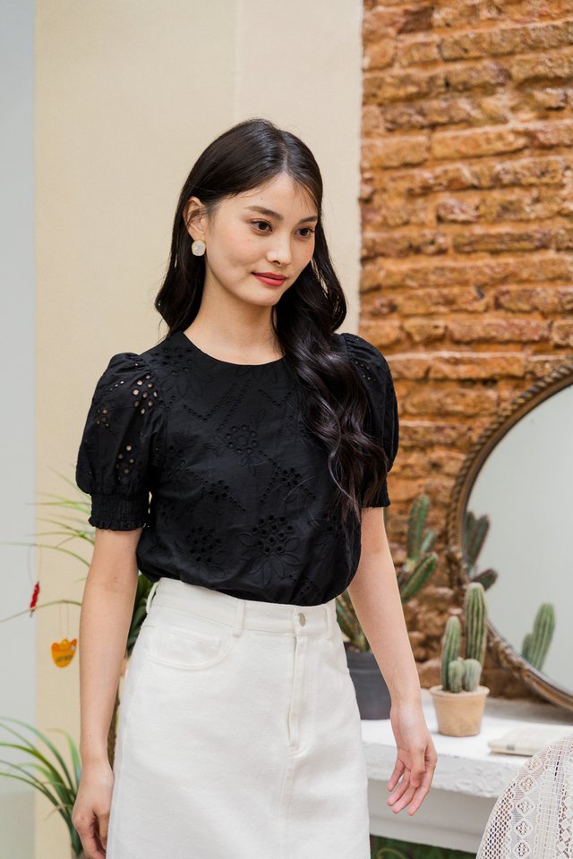 Sabina Eyelet Smocked Sleeve Top In Black