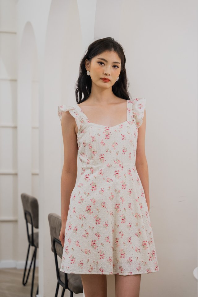 Estina Eyelet Ruffle Sleeve Dress In White