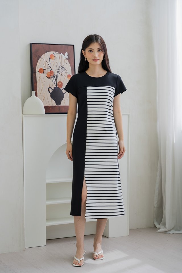 Stallon Striped Midi Dress In Black